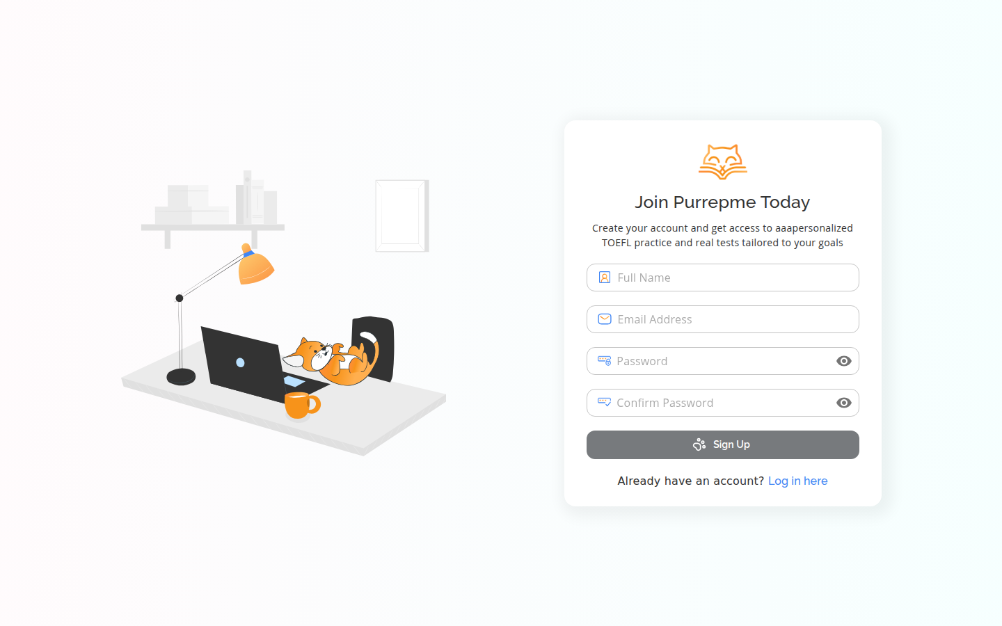 Purrepme sign-up screen