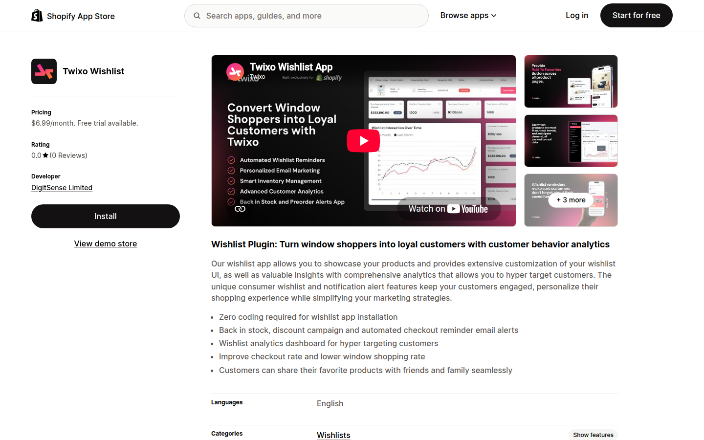 Twixo Wishlist listing on the Shopify App Store